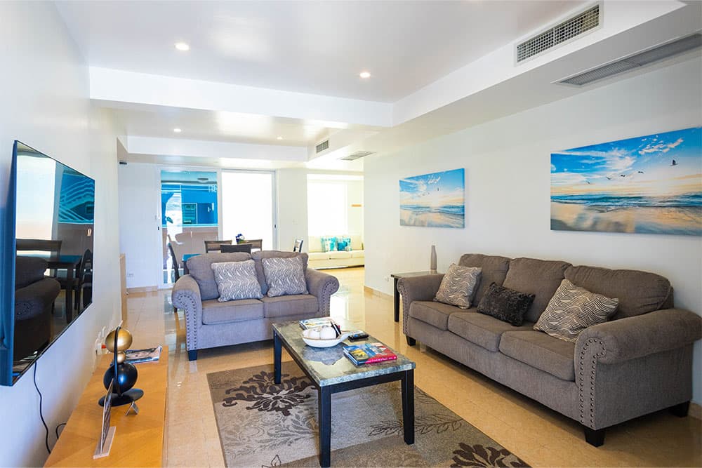 Bright and spacious living room with sofas and TV.