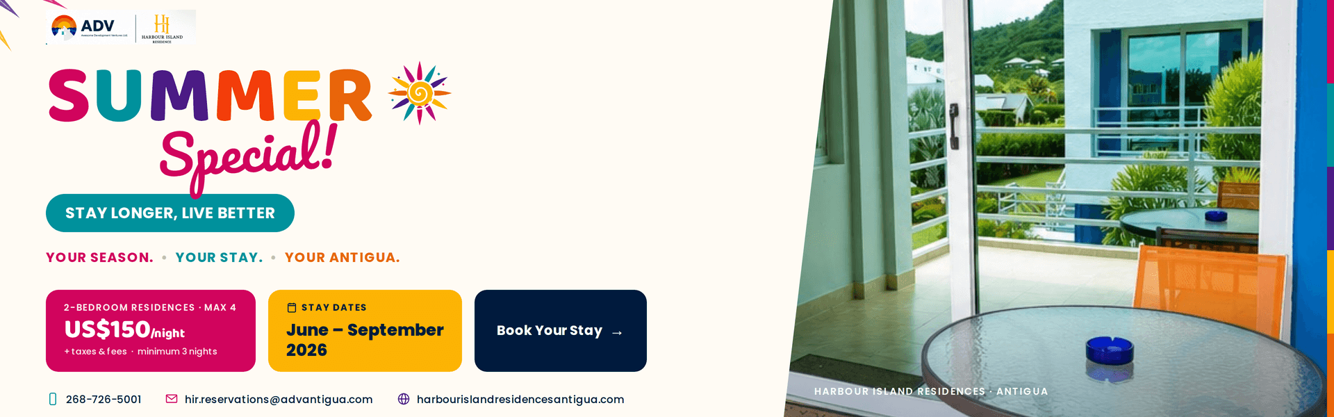 Promotional graphic for a summer special stay at Harbour Island Residences in Antigua, featuring a view from a balcony and seating area.